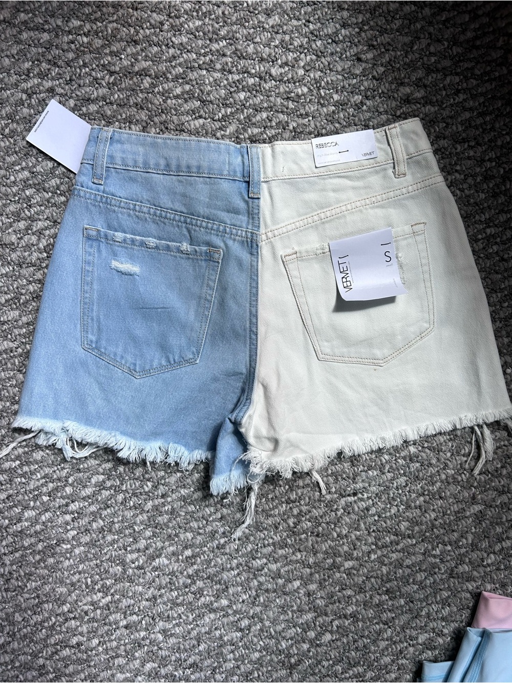 Vervet Two-Tone Frayed Denim Shorts in Light Blue & White - Picture 2 of 4